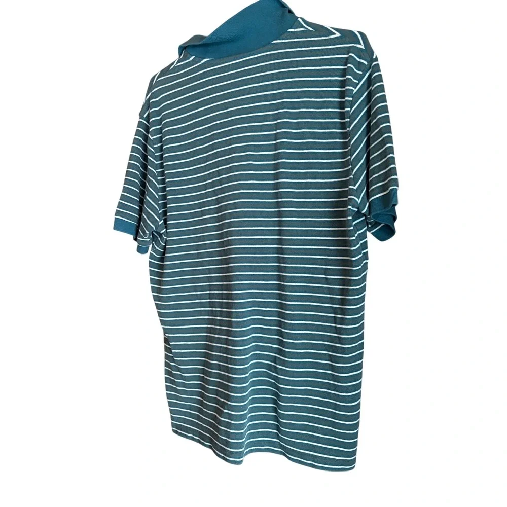 Eddie Bauer Mens Striped‎ Polo Shirt Teal White Short Sleeve Collared Size L